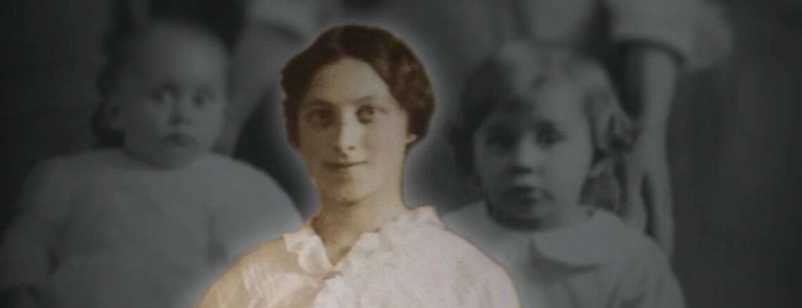Elizabeth Mary Preston, superimposed over a photo of her young daughters