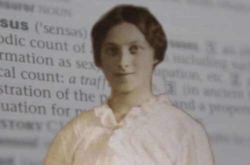 Elizabeth Mary Preston, superimposed over a photo of a dictionary page showing "census"