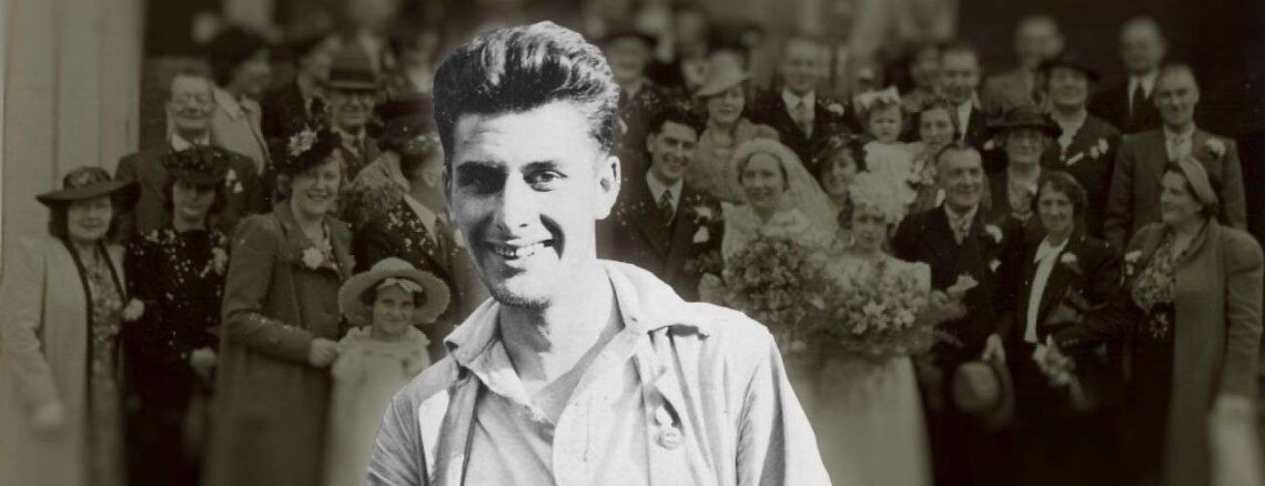 John Frederick Riley, superimposed over a group photo from his wedding