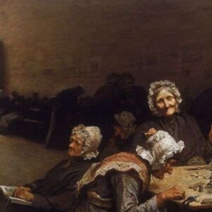 Old ladies sit around a table in a workhouse