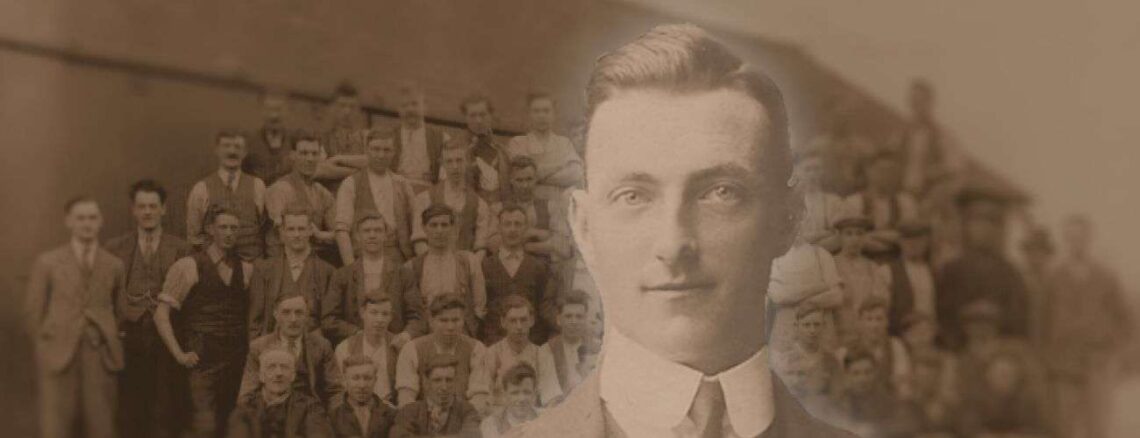 William Henry Campton, superimposed over a photo of factory workers.