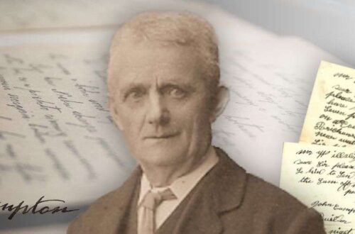 John Campton, superimposed over a photo of letters and papers