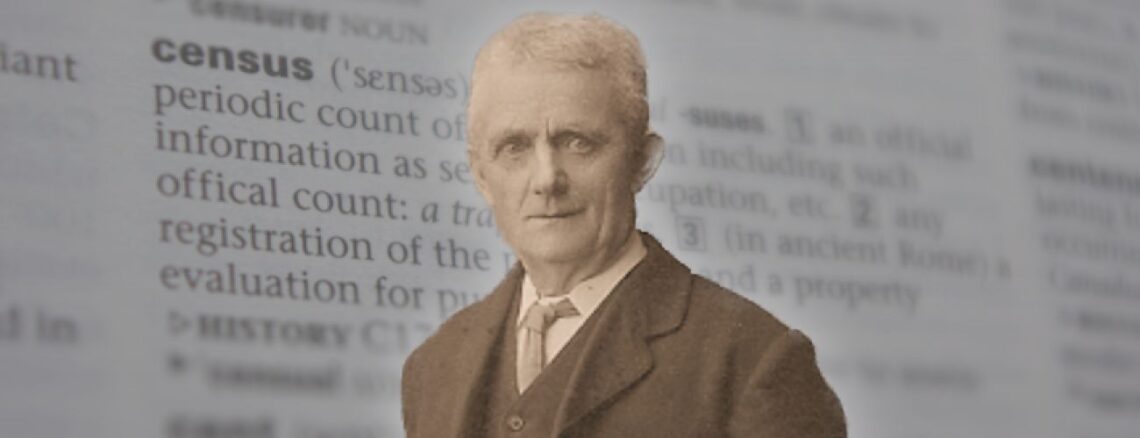 John Campton, superimposed over a photo of a dictionary page showing "census"