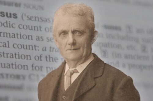 John Campton, superimposed over a photo of a dictionary page showing "census"
