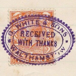 A postage stamp that has been over stamped with a company mark