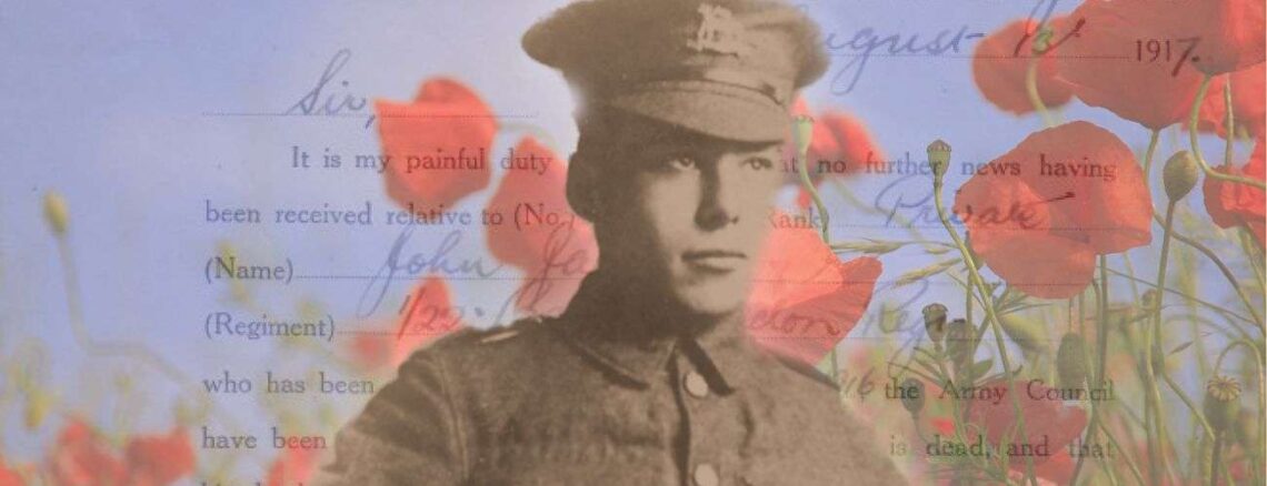John James, superimposed over a photo of poppies and a letter