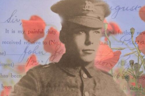John James, superimposed over a photo of poppies and a letter