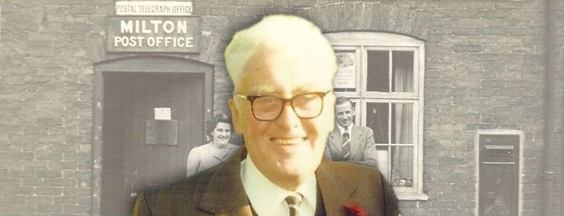 Leonard Francis Riley, superimposed over a photo of Milton post office.