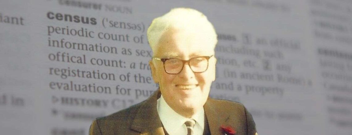Leonard Francis Riley, superimposed over a photo of a dictionary page showing "census"