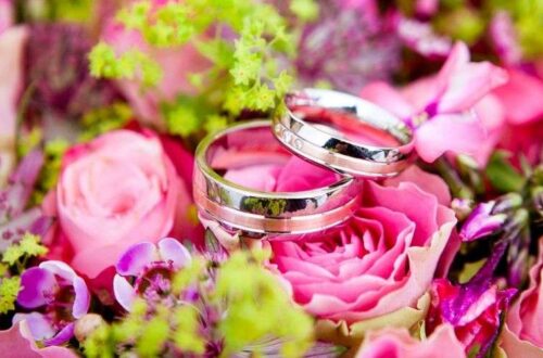 Two wedding rings on a bouquet of flowers.